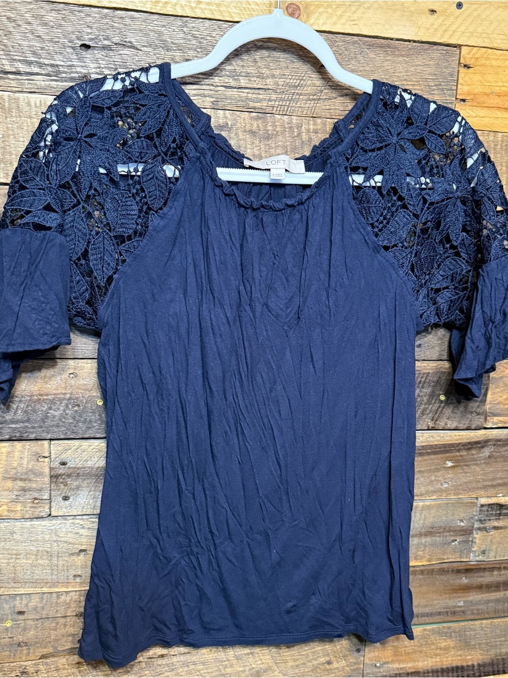 LOFT Womens Small Dark Blue Soft Crochet Lace Short Sleeve Top